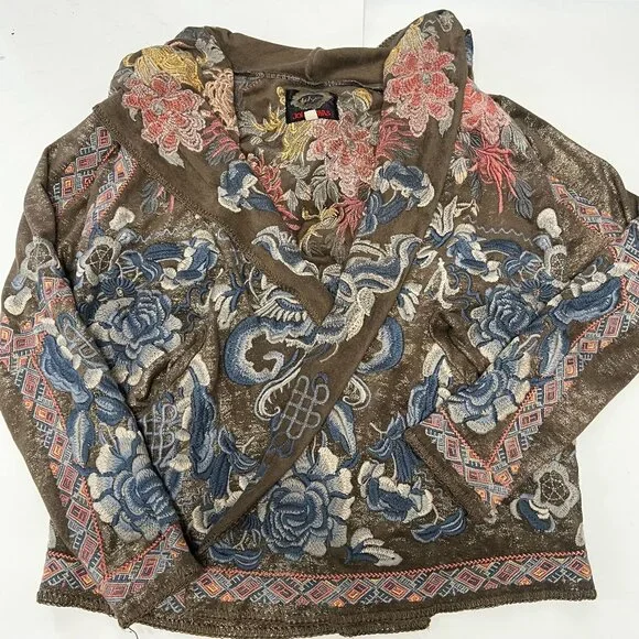 Pre owned Johnny Was BIYA Srika Khaki Green Shimmer Sueded Embroidered Hoodie - Picture 3 of 16